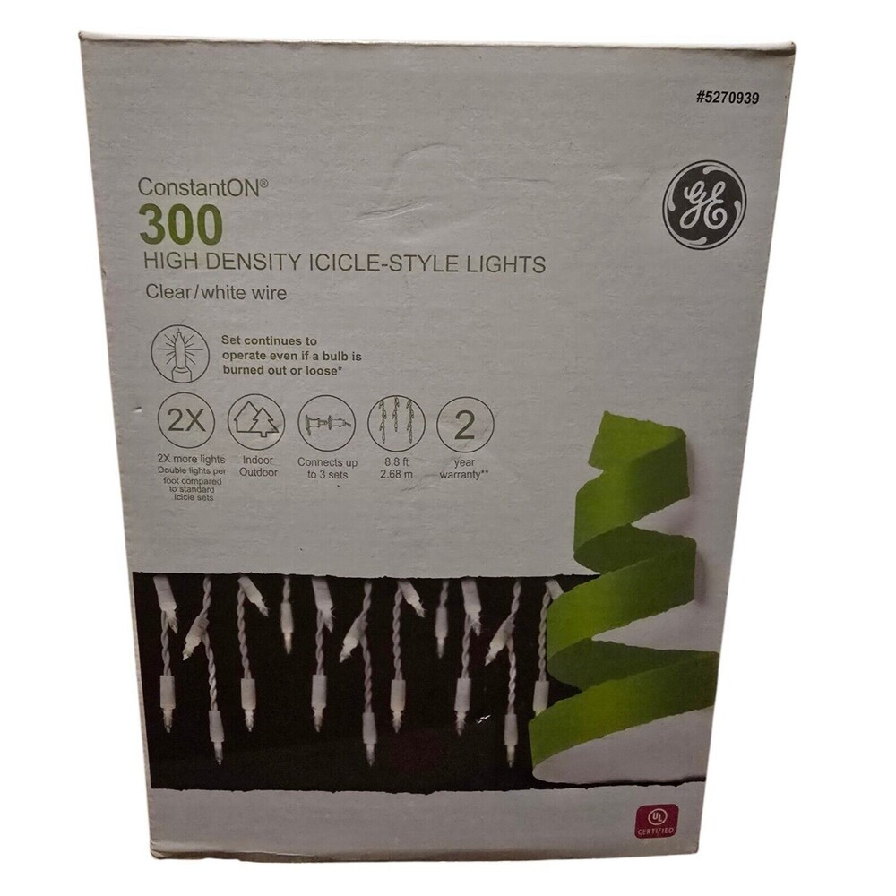 GE ConstantOn 300 High Density Icicle Style Clear Lights/White Wire Christmas